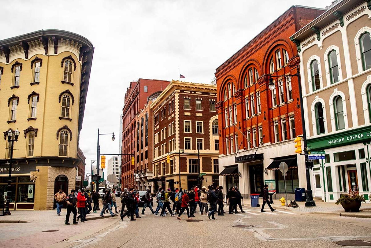 Members of Justice for Black Lives Grand Rapids marched through downtown on Tuesday after the conviction of former Minneapolis police officer Derek Chavin.