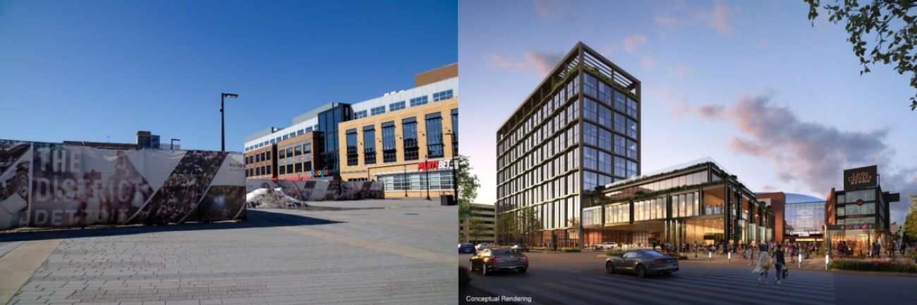one photo of a parking lot and a rendering
