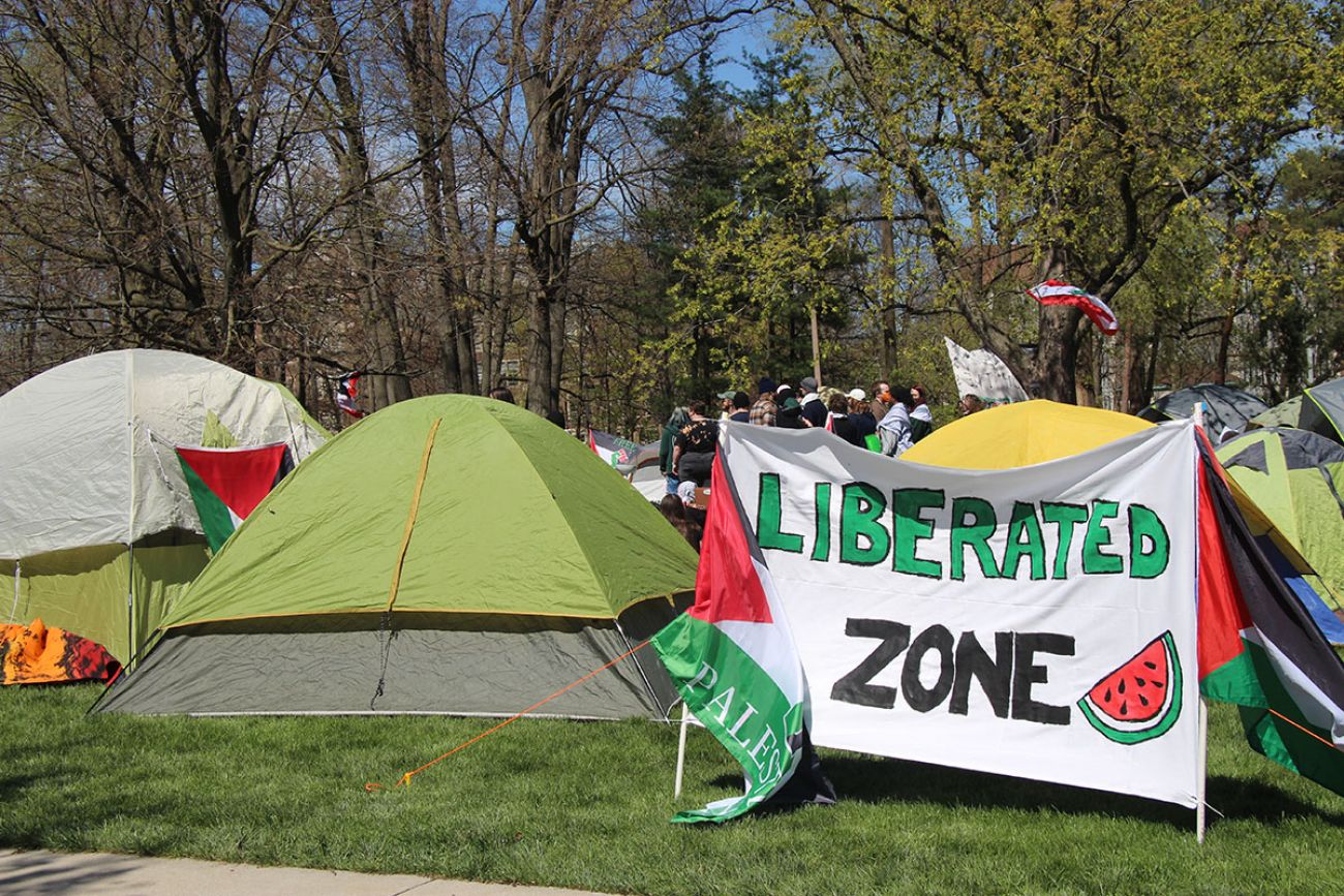 Michigan State University students set up tents