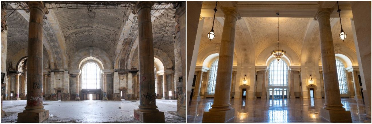 the left of the grand hall and the right of the grand hall. the left photo, the space looks dirty