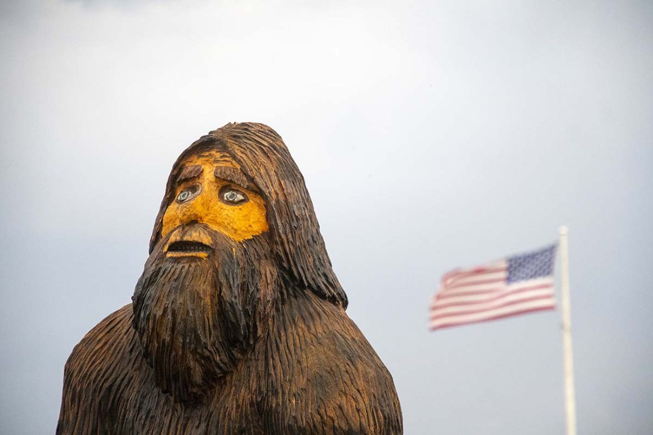 A statue of life-size chainsaw carving of Bigfoot in Oscoda, Mich.