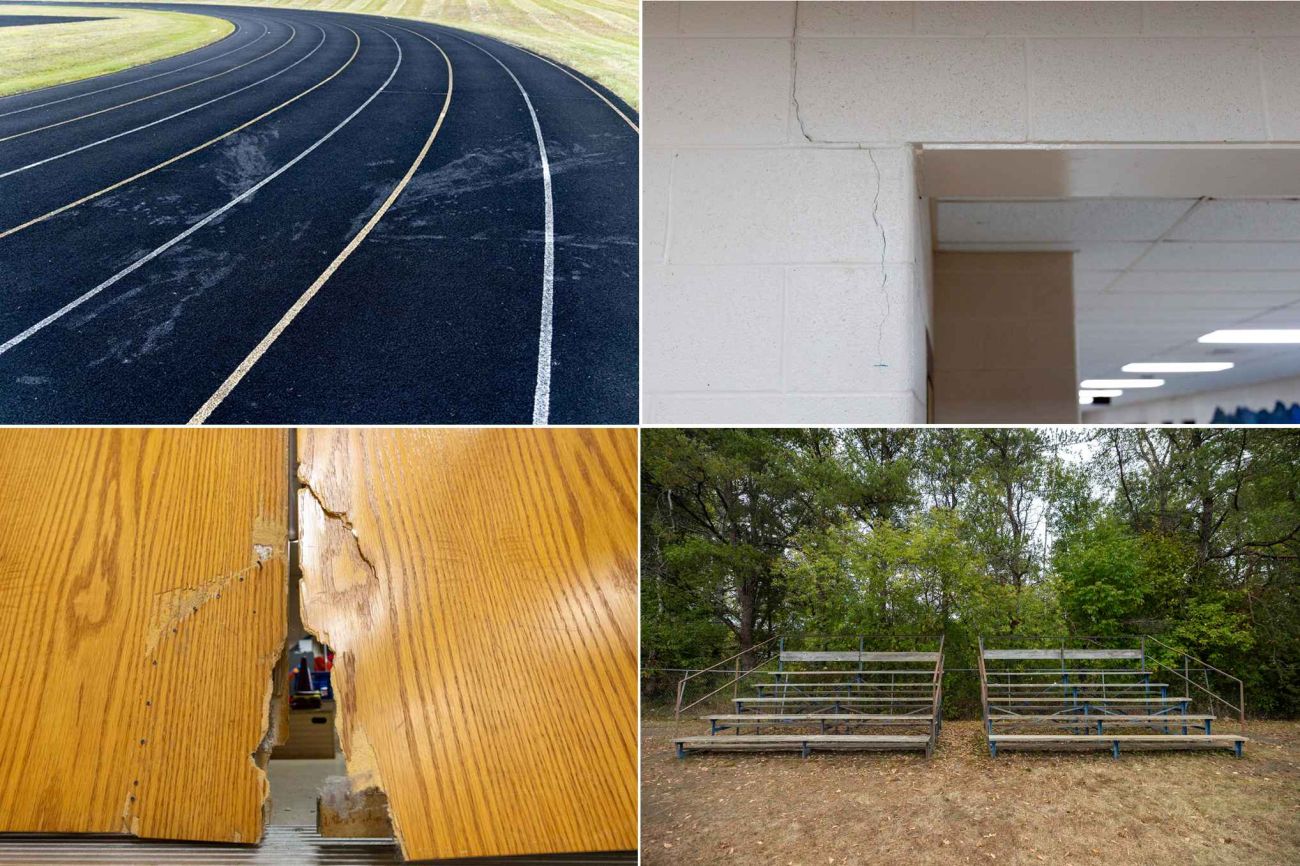 Four different photos. There's a stained track, cracked in a wall, broken gymnasium door and bleachers