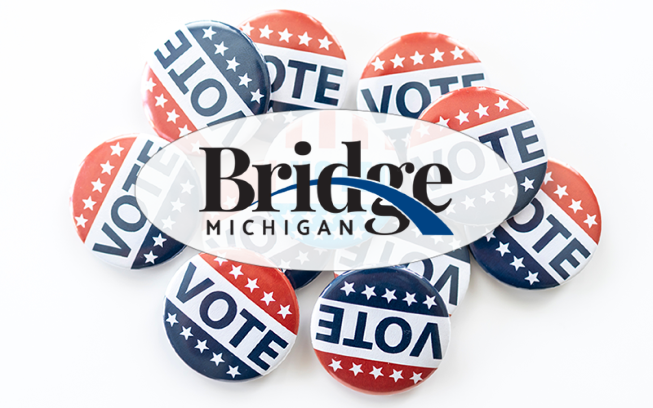 Bridge Michigan logo, with vote buttons behind it