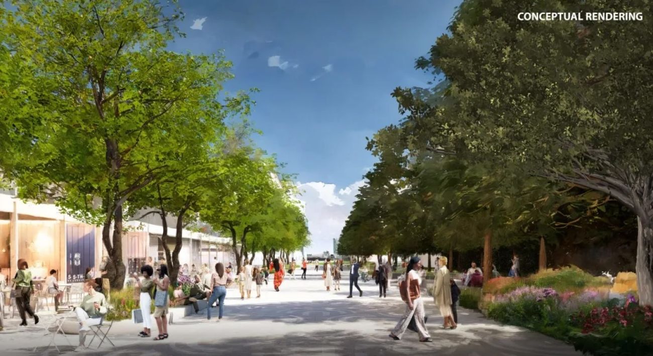 A rendering of a promenade area along the Detroit riverfront