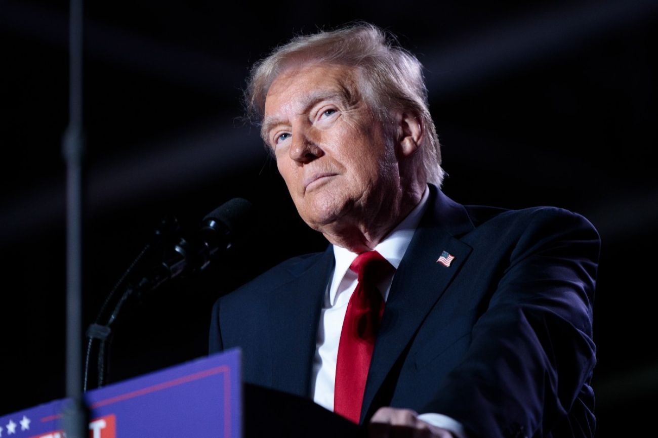Closeup of Donald Trump on stage during rally in Warren Michigan