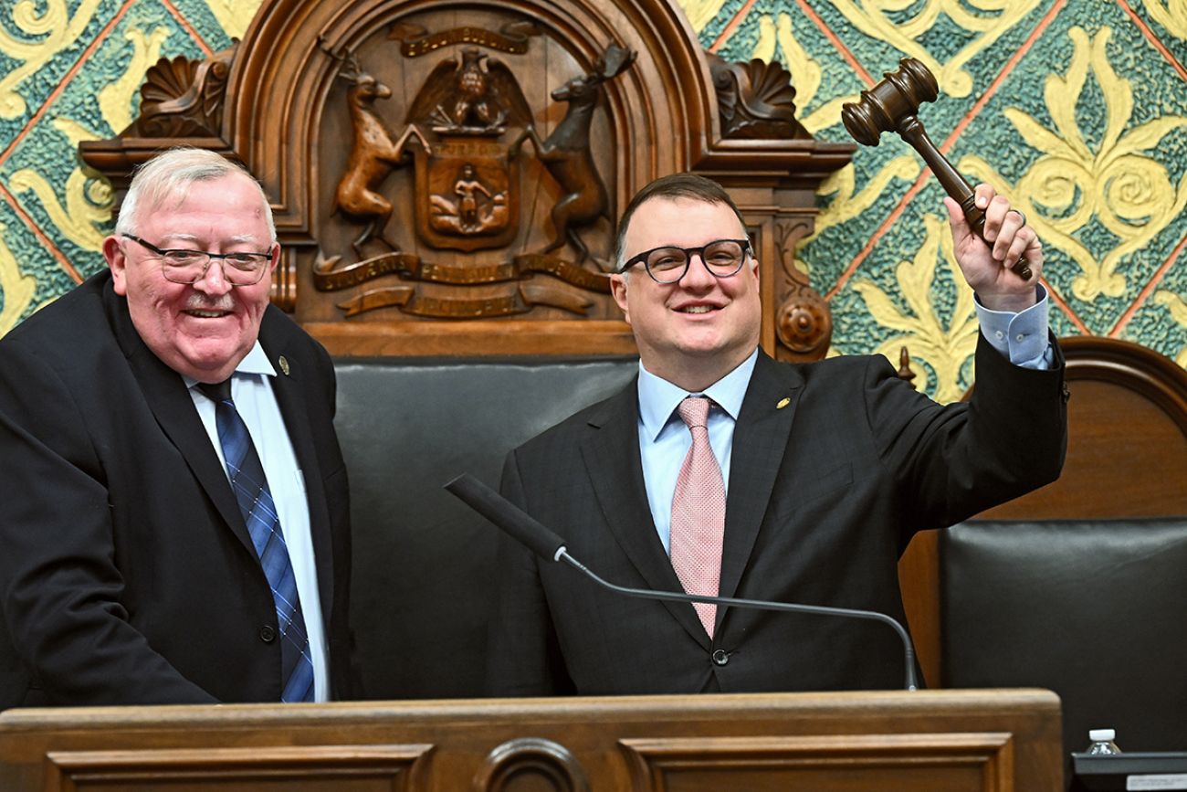 Michigan House Speaker Matt Hall, R-Richland Township, holding up a gavel
