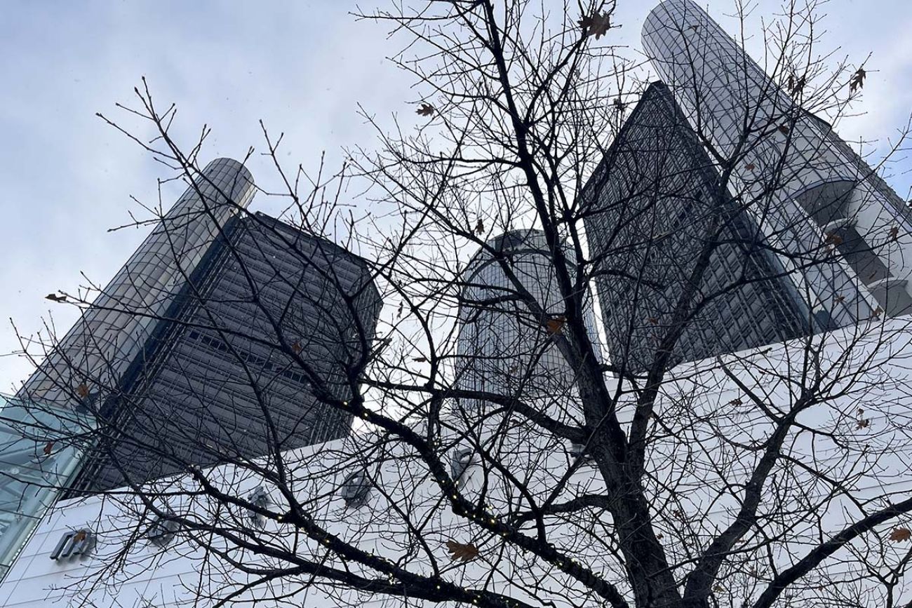 A worm's eye view of the Renaissance Center in Detroit