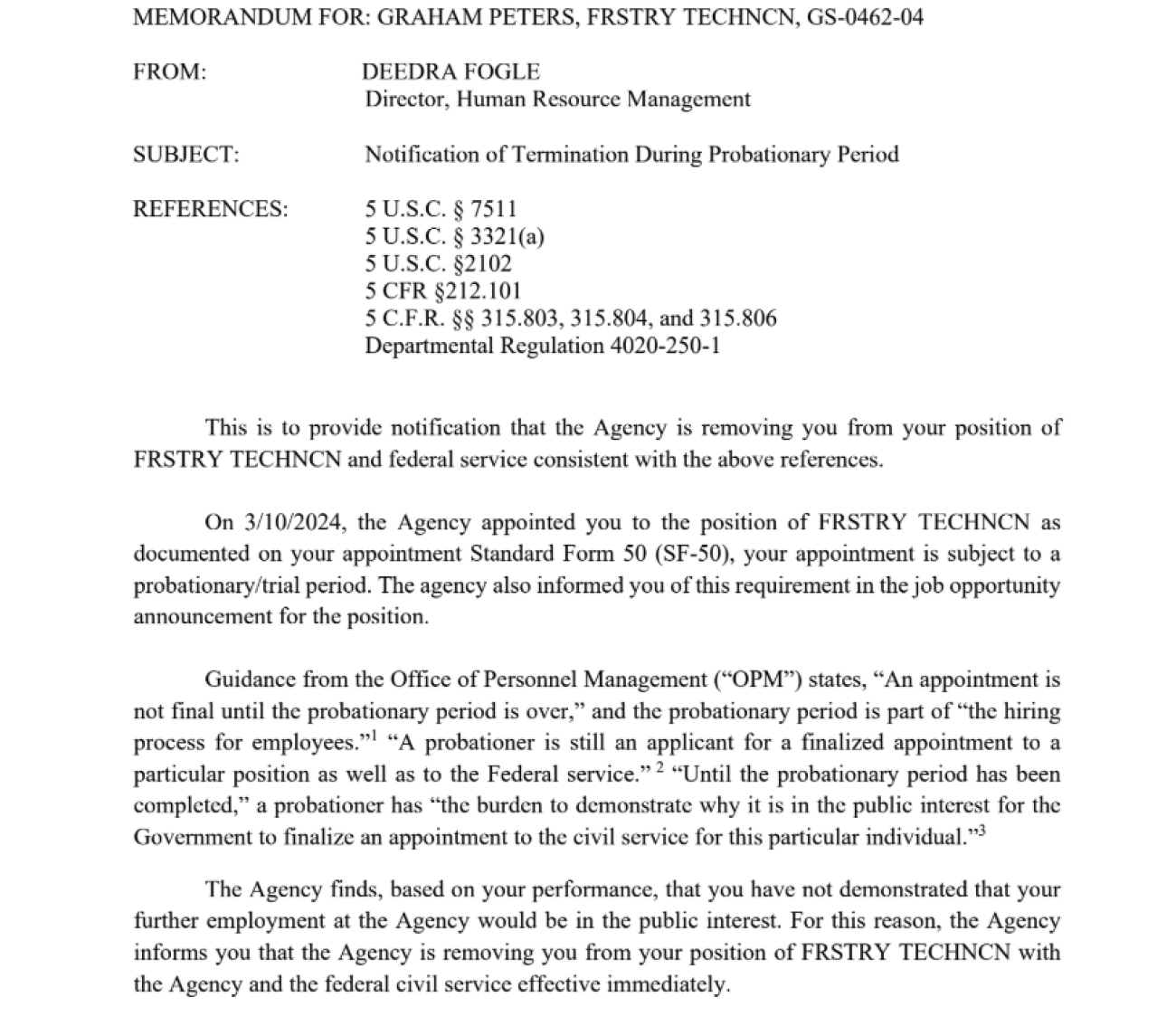 Part of a termination letter sent to federal employees.