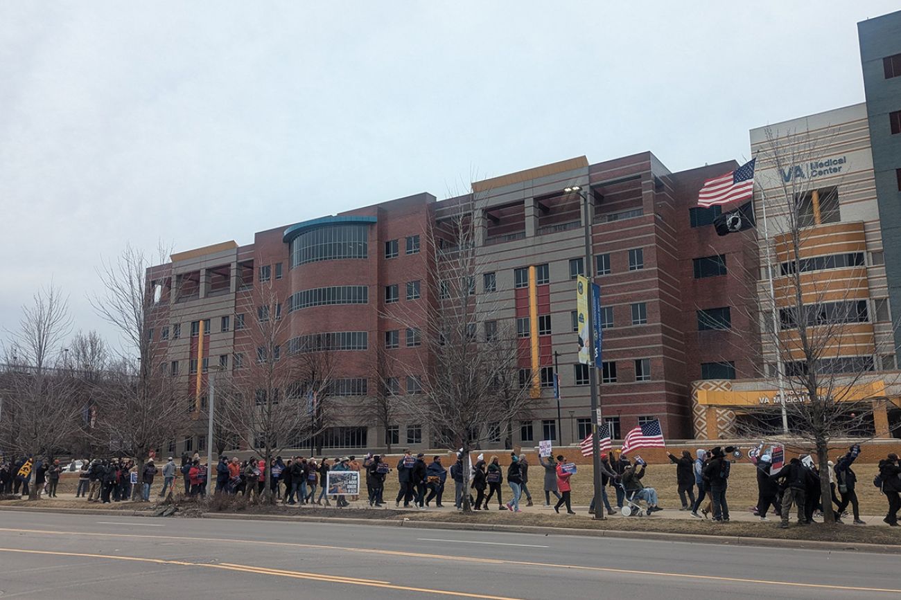 Protestors in front of John Dingell VA Medical Center in Detroit.