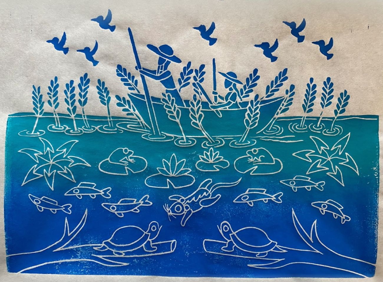 A blue colored-art piece. Shows a woman in a boat.
