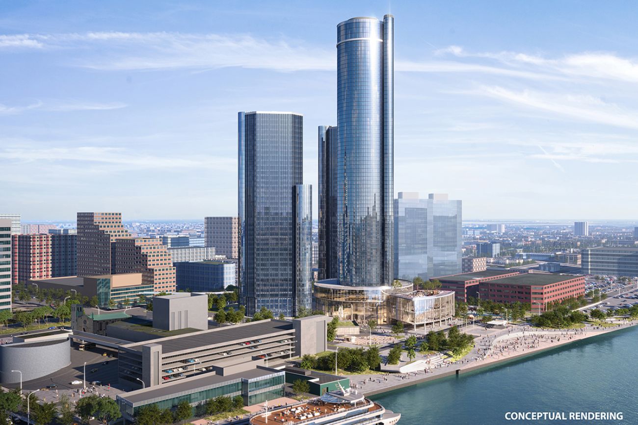 A rendering for the RenCen redevelopment in Detroit.
