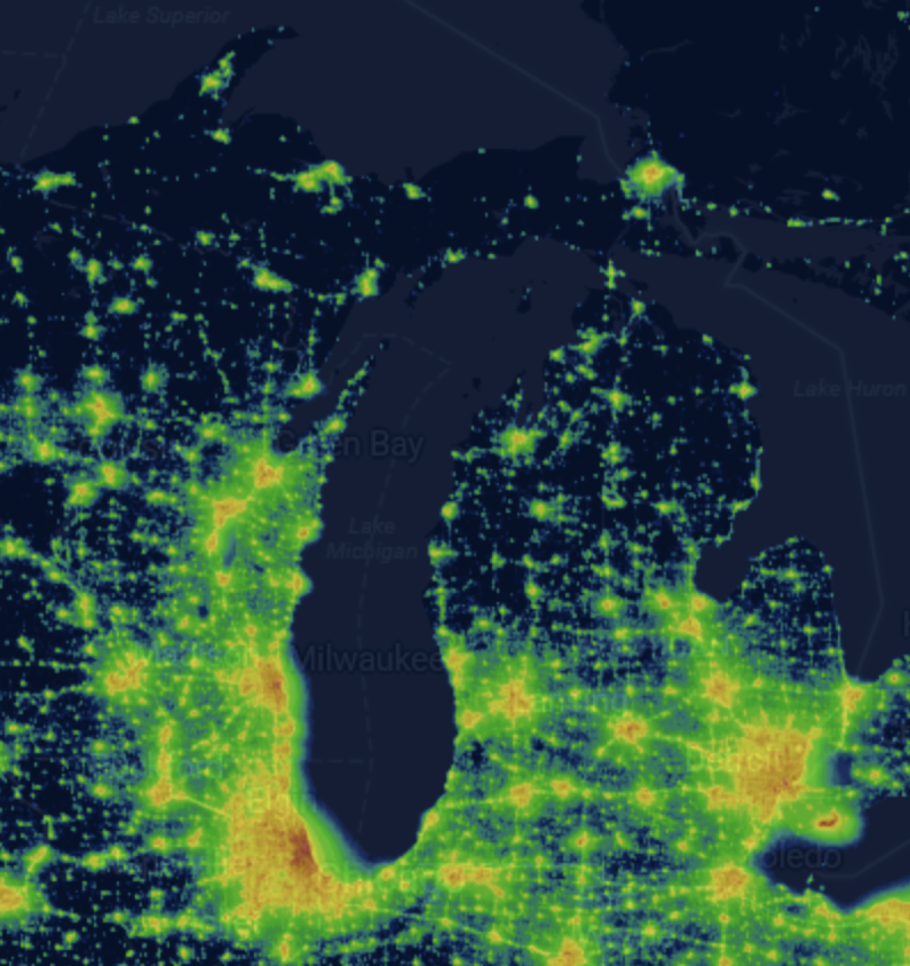 A map highlighting the light pollution around Lake Michigan.