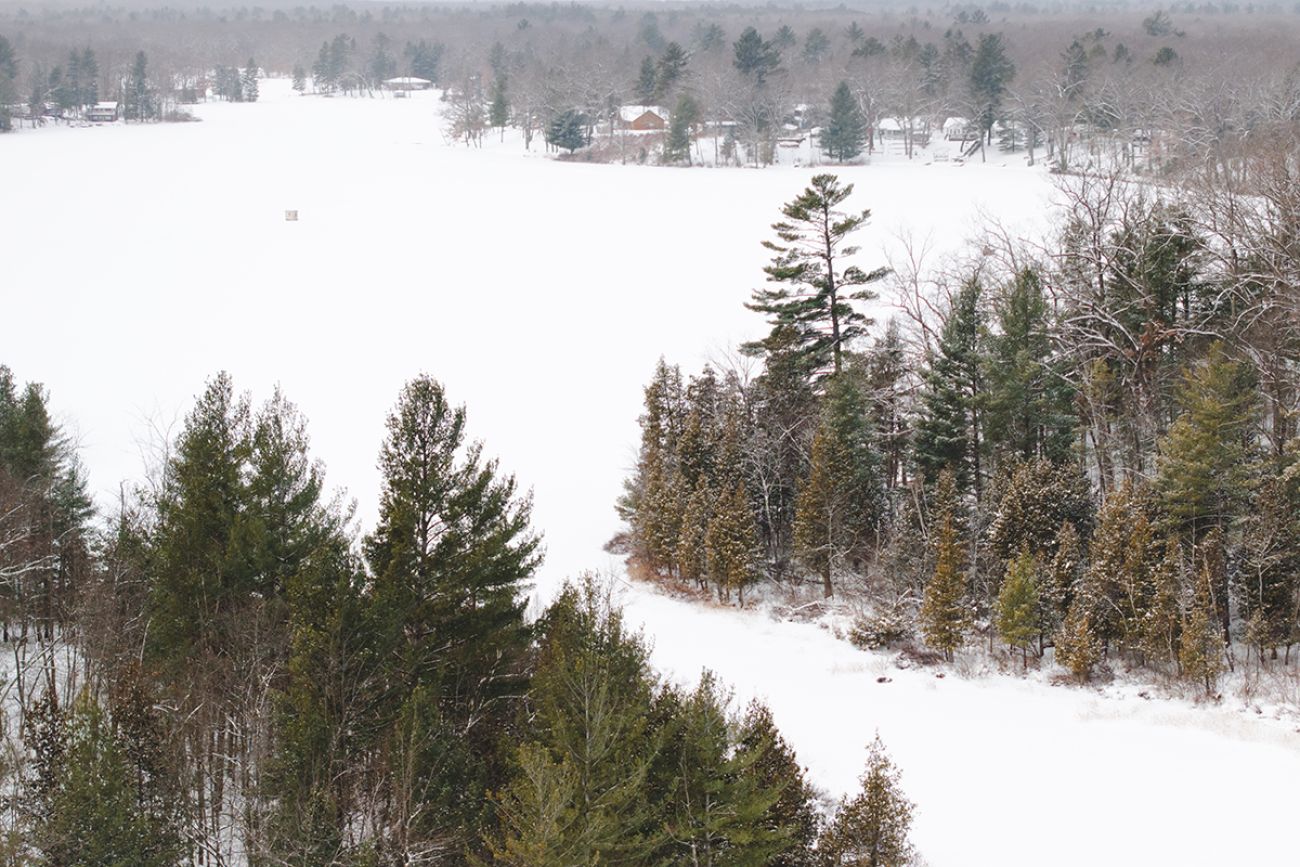 An aerial photo of Woodland Park, a snowy area.