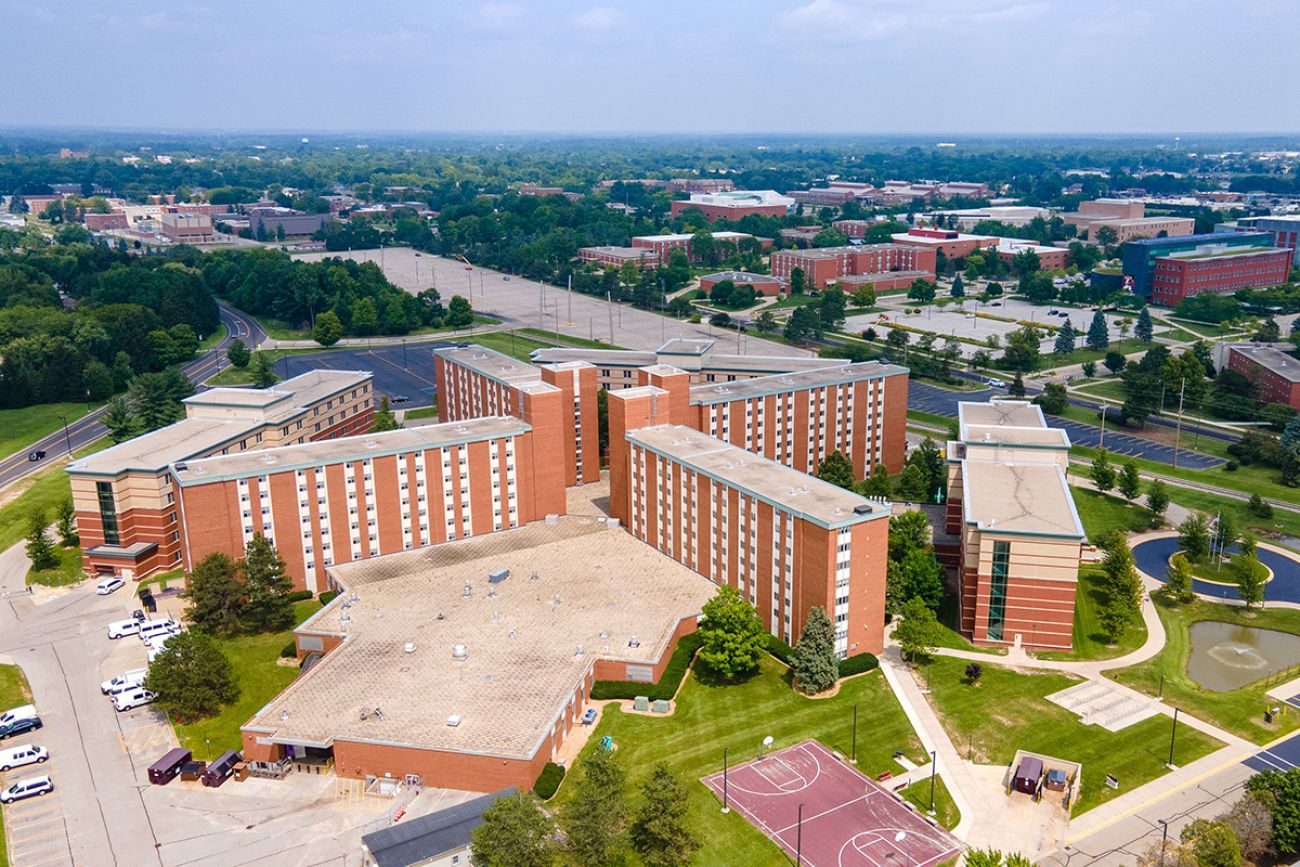 An aerial view of Central Michigan University campus in Mount Pleasant, Michigan.