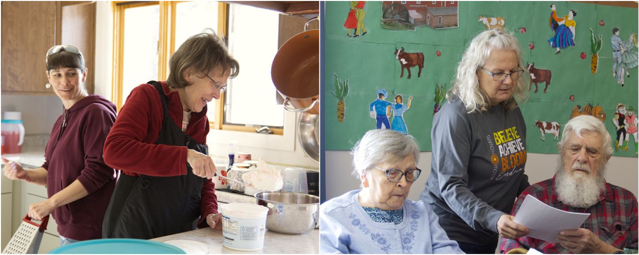 Two people in the kitchen in the left photo. On the right photo is three people standing by each other.