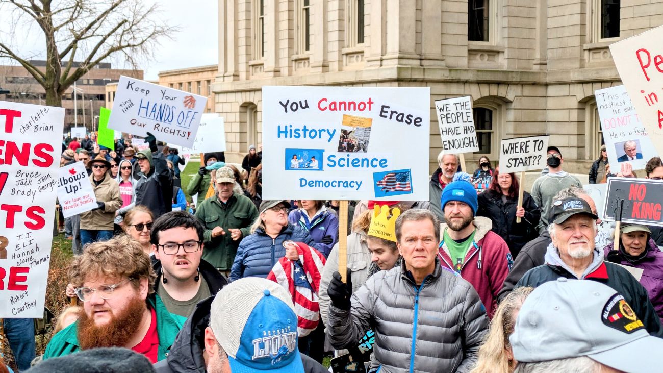 People protesting Trump in Lansing, Michigan.