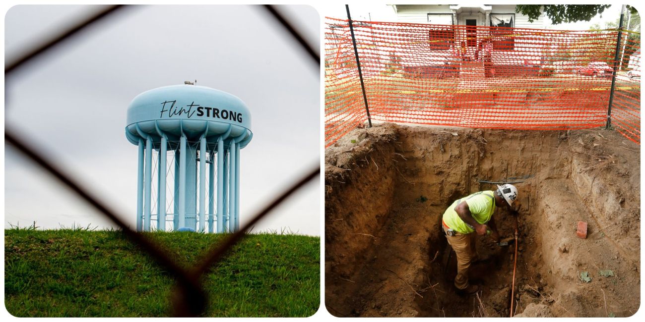 The Flint water tower on the left and a worker on the right.