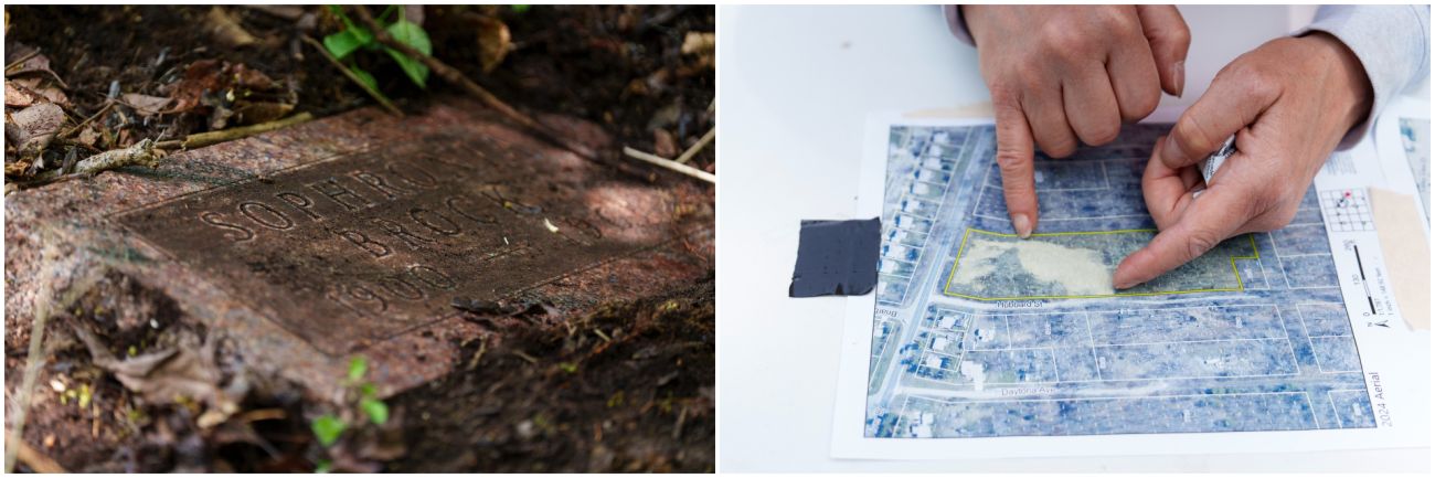 Left: A close up of a grave maker. Right: Close up of a map.
