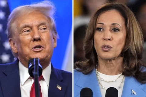 Donald Trump on the left and Kamala Harris on the right
