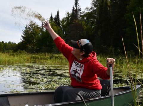 Cortney Collia is sitting in a boat. She is throwing seeds. 