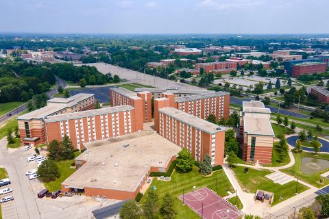 An aerial view of Central Michigan University campus in Mount Pleasant, Michigan.