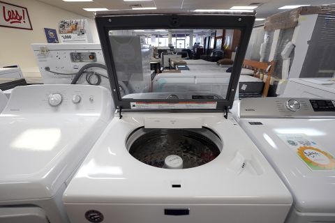 Washing machines are displayed with other appliances at Sam's Appliances TV & Furniture, Thursday, March 25, 2021, in Norwood, Mass.