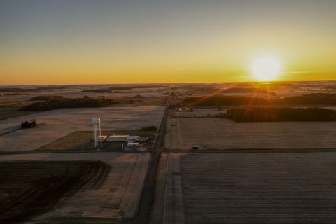 An aerial view of crop fields. 