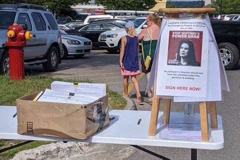A sign for 2020 petition initiative which sought to strip Gov. Gretchen Whitmer of certain emergency powers. 