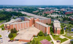 An aerial view of Central Michigan University campus in Mount Pleasant, Michigan.