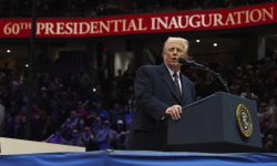 Donald Trump on a stage at his inauguration. 