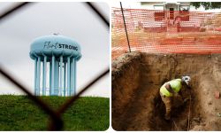 The Flint water tower on the left and a worker on the right. 