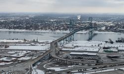 An aerial photo of the Ambassador Bridge during the winter. 